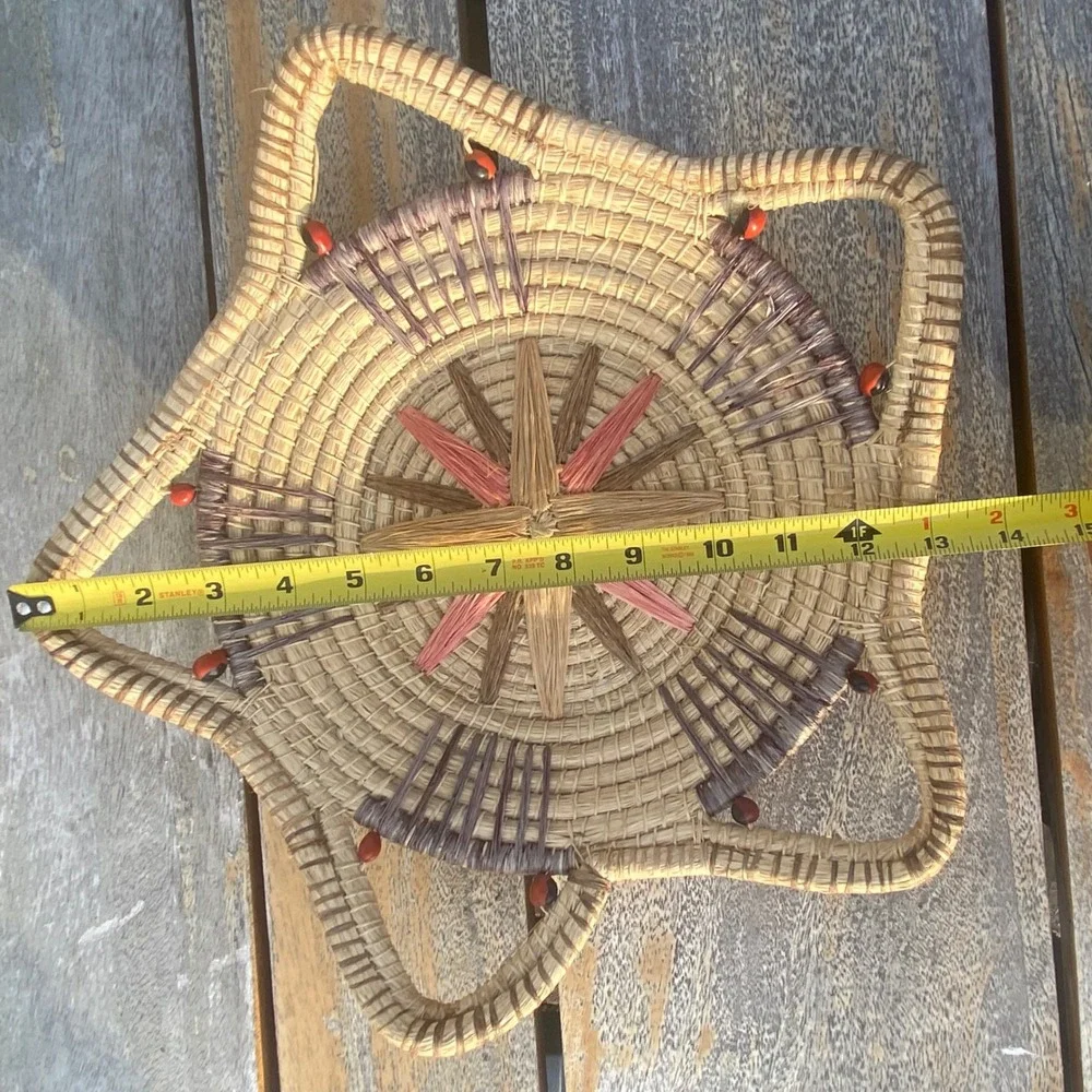 Handcrafted Woven Grass Star Basket Sunburst Wall Decor Boho Fiber Art Beads 14